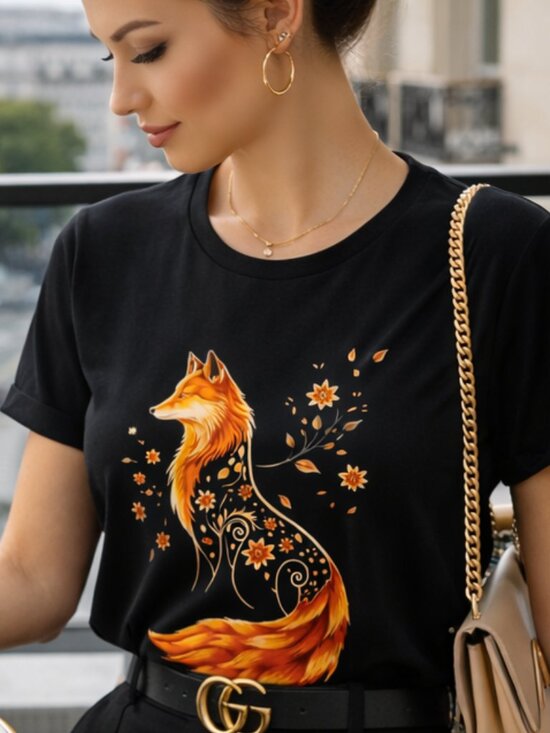 Tops - Floral Fox Graphic Tee – Artistic Cotton T-Shirt Black – Size [S/M/L/XL] NEW